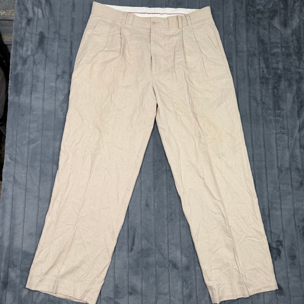 Gochu Mens Linen Blend Pleated Trousers Beige Tan Straight Leg Pants 38x30
